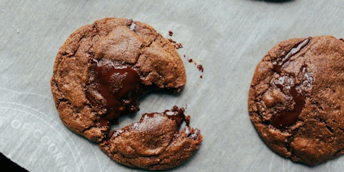 A freshly baked cookie on a tray