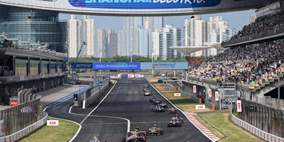 Formula E cars on the track in Singapore 