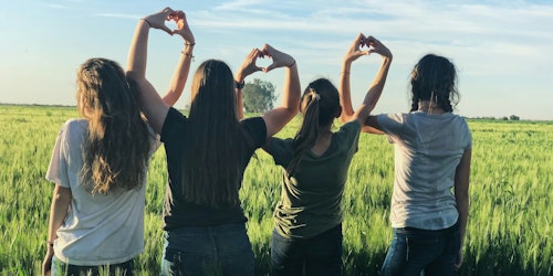 People stand in a row in a field making love hearts by joining their hands