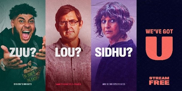 Poster for UKTV's rebrand to U featuring Big Zuu and Louis Threoux 