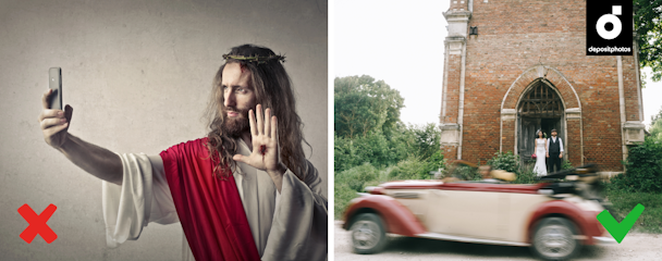 Two images, a 'wrong' and a 'right'. The wrong image is Jesus taking a selfie. The right image is a bride and groom leaving a church.