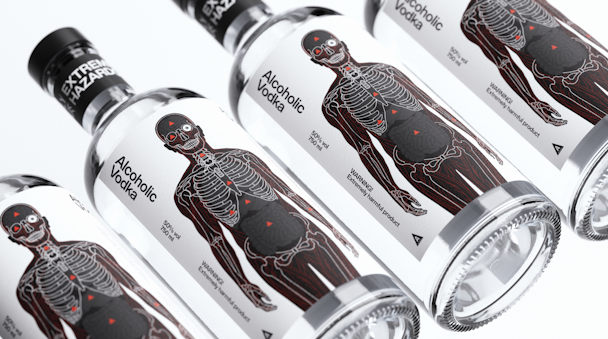 Bottles of Alcoholic Vodka which feature the human body on the label 