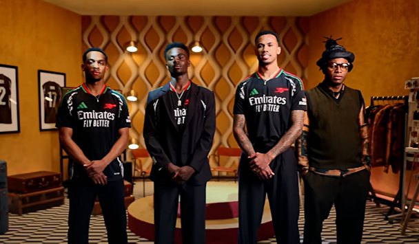 Arsenal players wearing 24/25 kit in an African interior design inspired room