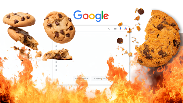 Cookies crumbling into flames against Google Chrome search background