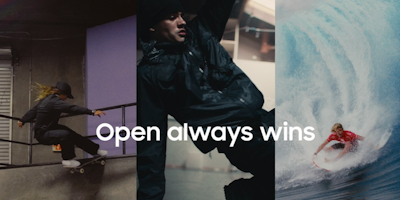 Skate, break and surf images with Open Always Wins written over the top 