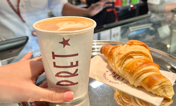 Coffee and pastry with Pret branding 