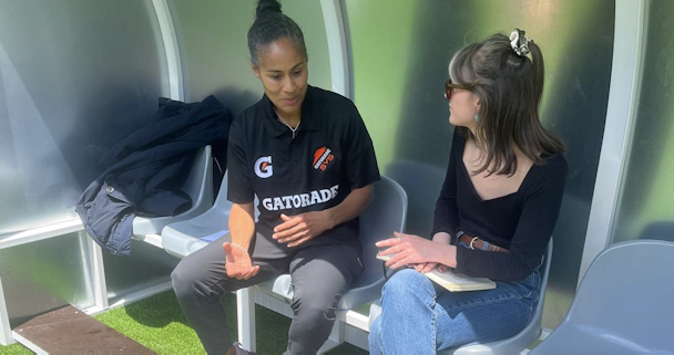 Ex-Lioness Rachel Yankey (left) talking to The Drum's Hannah Bowler