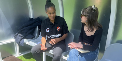 Ex-Lioness Rachel Yankey (left) talking to The Drum's Hannah Bowler